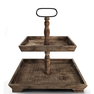 Customazione Casa Agrituristica In legno 2 Tier Tray Stand per servire alimenti Frutta Cupcake Piatto quadrato al ristorante Home Cake