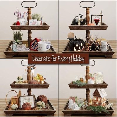 Customazione Casa Agrituristica In legno 2 Tier Tray Stand per servire alimenti Frutta Cupcake Piatto quadrato al ristorante Home Cake