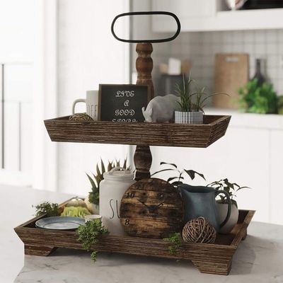 Customazione Casa Agrituristica In legno 2 Tier Tray Stand per servire alimenti Frutta Cupcake Piatto quadrato al ristorante Home Cake
