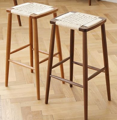 Modern Minimalist Nordic Bar High Stool Solid Wood Woven Rope Cafè Ristorante Scaunetto Per Eventi W30*D35*45/70CM