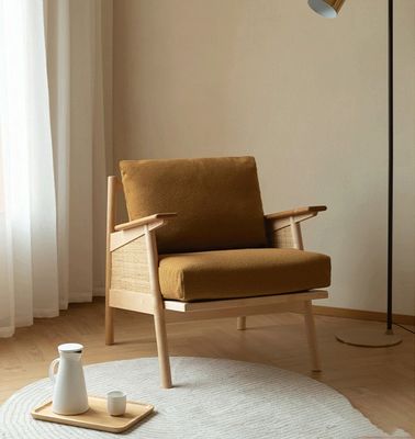 Home Arredamento Generale Nordic Lounge Divano in legno Poltrona con cuscino a piuma naturale Poltrona in legno massello di rotino