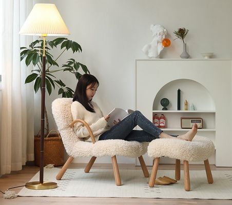 Poltrona Nordic Lounge Divano in legno Poltrona di svago in legno massello artificiale di lana d'agnello Poltrona con poltrona Disegni personalizzati