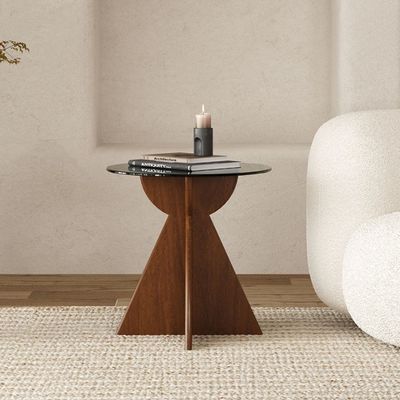 Legno massello rotondo vetro laterale tavolino superiore tavolino da caffè per il soggiorno Disegno generale mobili per la casa finitura laccata