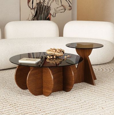 Legno massello rotondo vetro laterale tavolino superiore tavolino da caffè per il soggiorno Disegno generale mobili per la casa finitura laccata