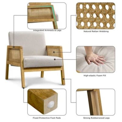Salotto moderno Poltrona di lusso Arredamento Divano in legno Poltrona con tessuto di lusso velluto e rattan in colore naturale popolare