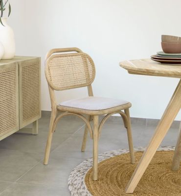 Sedia da pranzo in legno naturale in stile vintage con sedile in tessuto e schienale in rotino reale W47*D51*H82.5CM