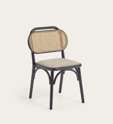 Sedia da pranzo in legno naturale in stile vintage con sedile in tessuto e schienale in rotino reale W47*D51*H82.5CM