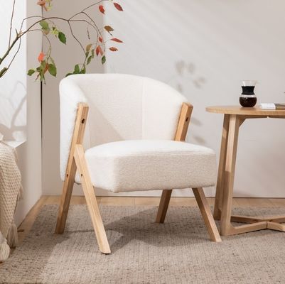 W60*D68*H77CM Arredamento moderno per salotto Poltrona di salotto Poltrona KD Divano in legno Poltrona di lana d'agnello Tessuto bianco Accento di poltrona