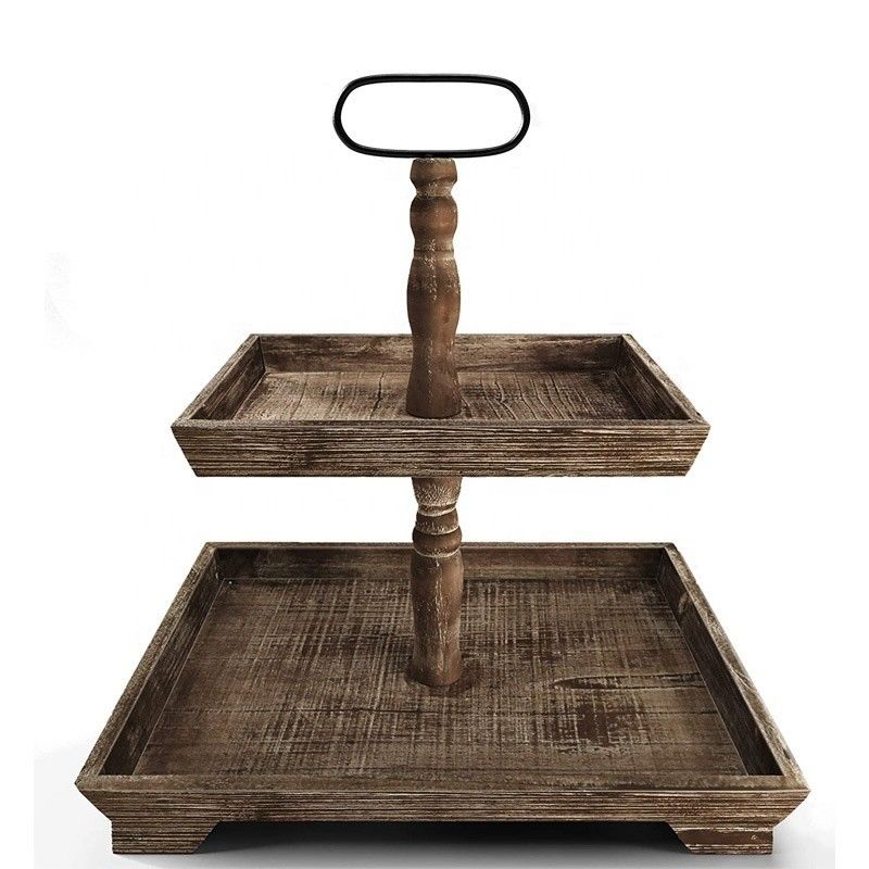 Customazione Casa Agrituristica In legno 2 Tier Tray Stand per servire alimenti Frutta Cupcake Piatto quadrato al ristorante Home Cake