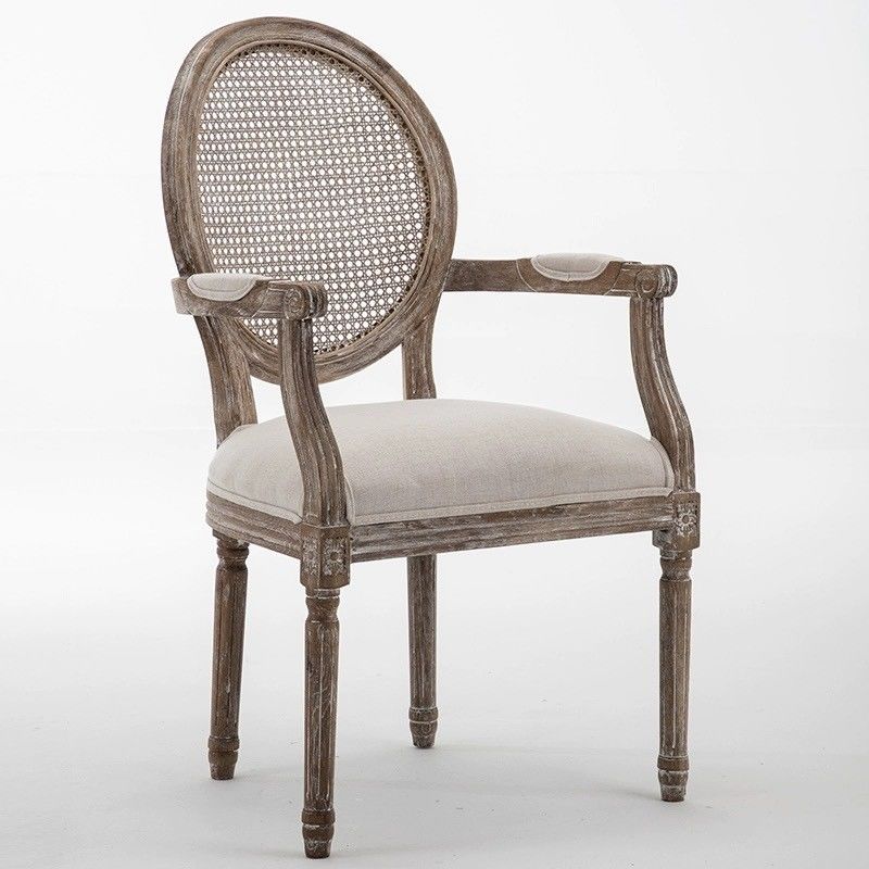 Stile di design moderno Nitrolacquer Finish Stile vintage francese Stoffa da pranzo in legno personalizzata Louis Armrest Chair per eventi