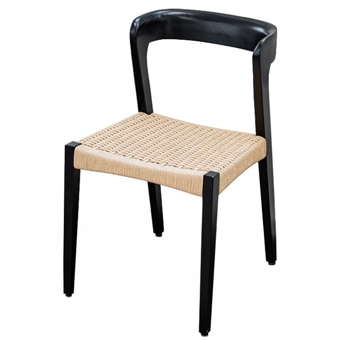 Moderna sedia da ristorante in legno massello con sedile a corda e logo personalizzato accettato