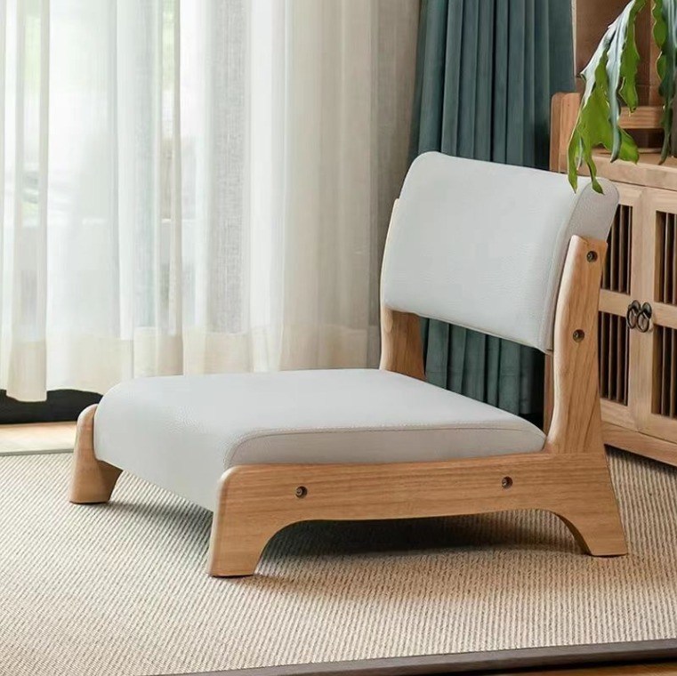 Imballaggio per la posta in stile giapponese Tatami Legless Wood Floor Tea Chair in legno massello con supporto posteriore